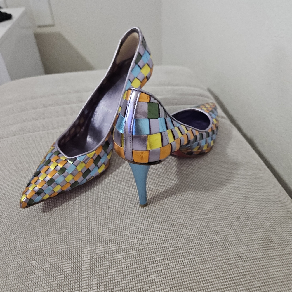 Multicolor Woven Pointed-Toe Pumps - Blue/Yellow/Green Accent